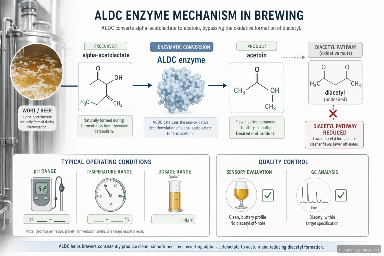 aldc enzyme brewing mekanisme, der viser alpha-acetolactate omdannet til acetoin for at forhindre dannelse af diacetyl