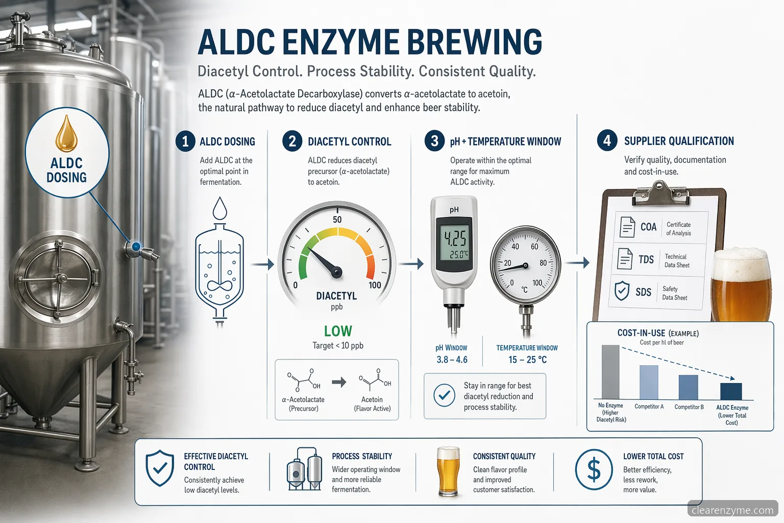 aldc enzyme brewing guide med kontrol af diacetyl, doseringskontrol, QC-tests og stabilitet i bryggeprocessen
