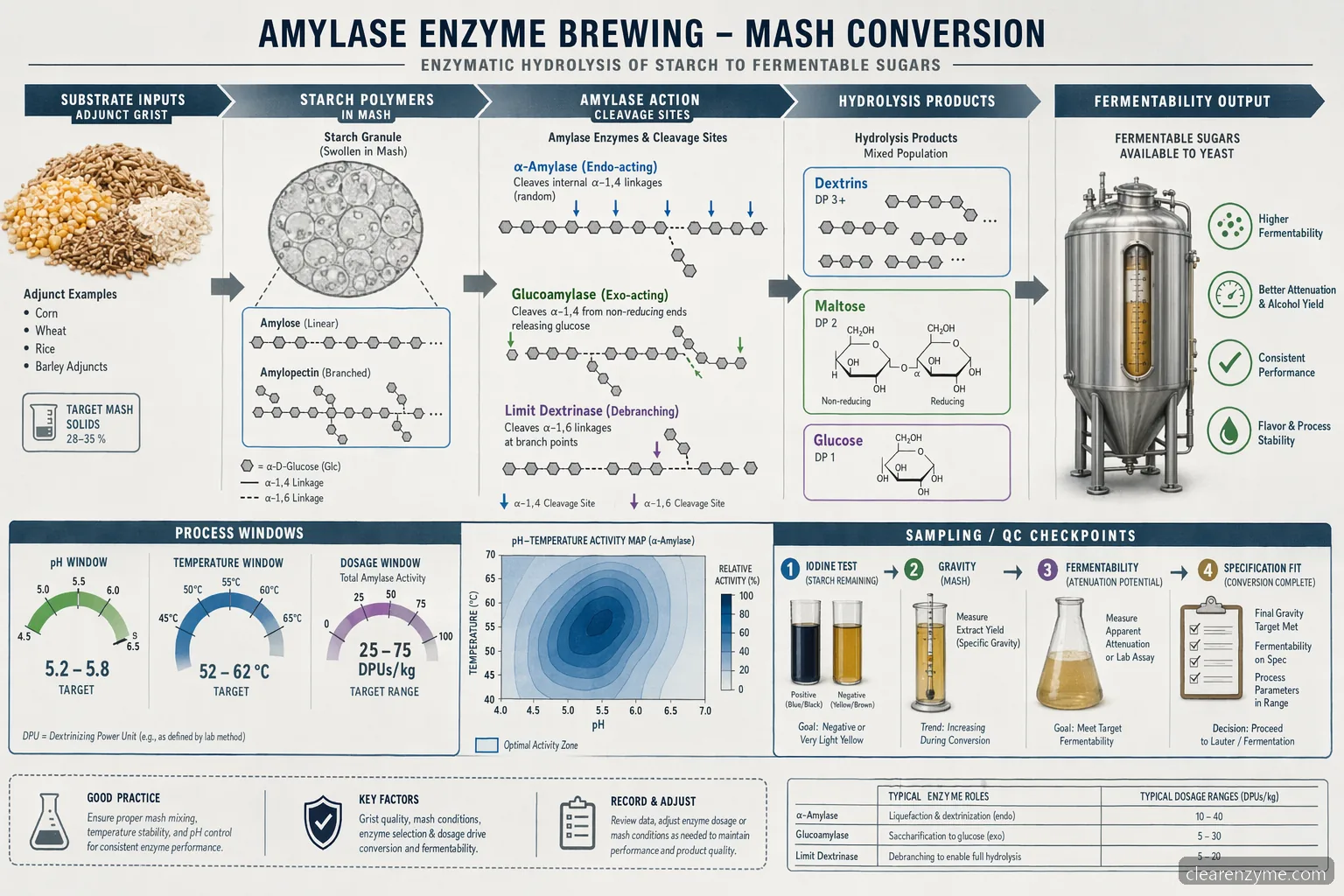 Schema di processo amylase enzyme brewing con scissione dell’amido in zuccheri e checkpoint di pH, temperatura e validazione