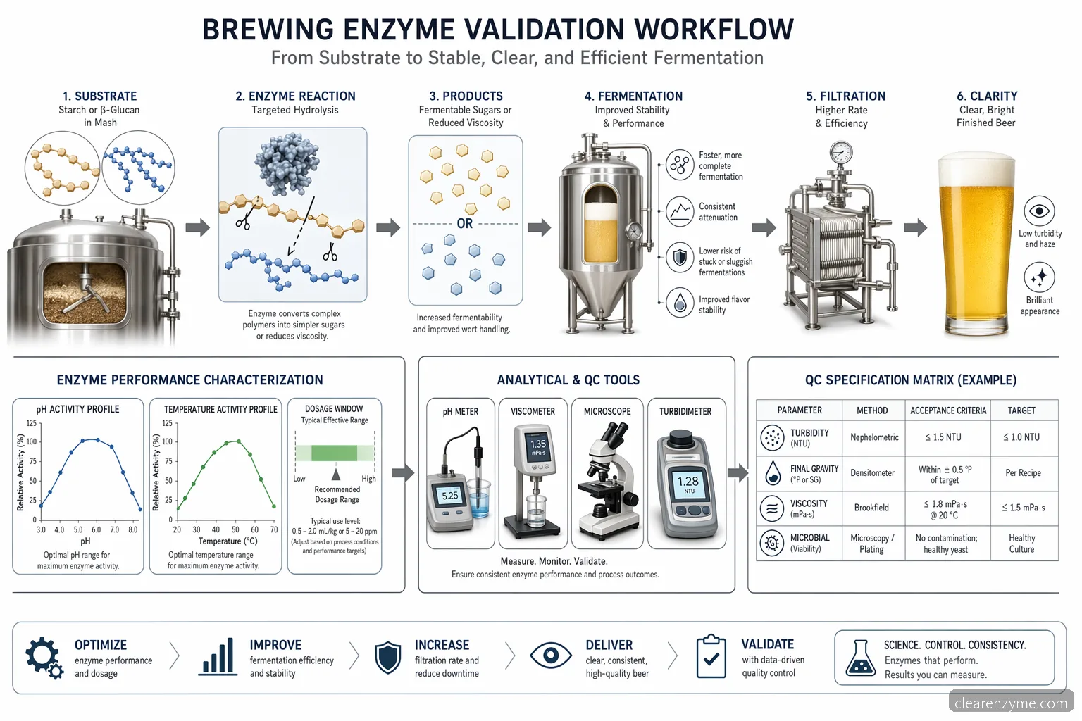 Brewing enzymes procesdiagram med pH, temperatur, dosering, substratomdannelse og QC-validering