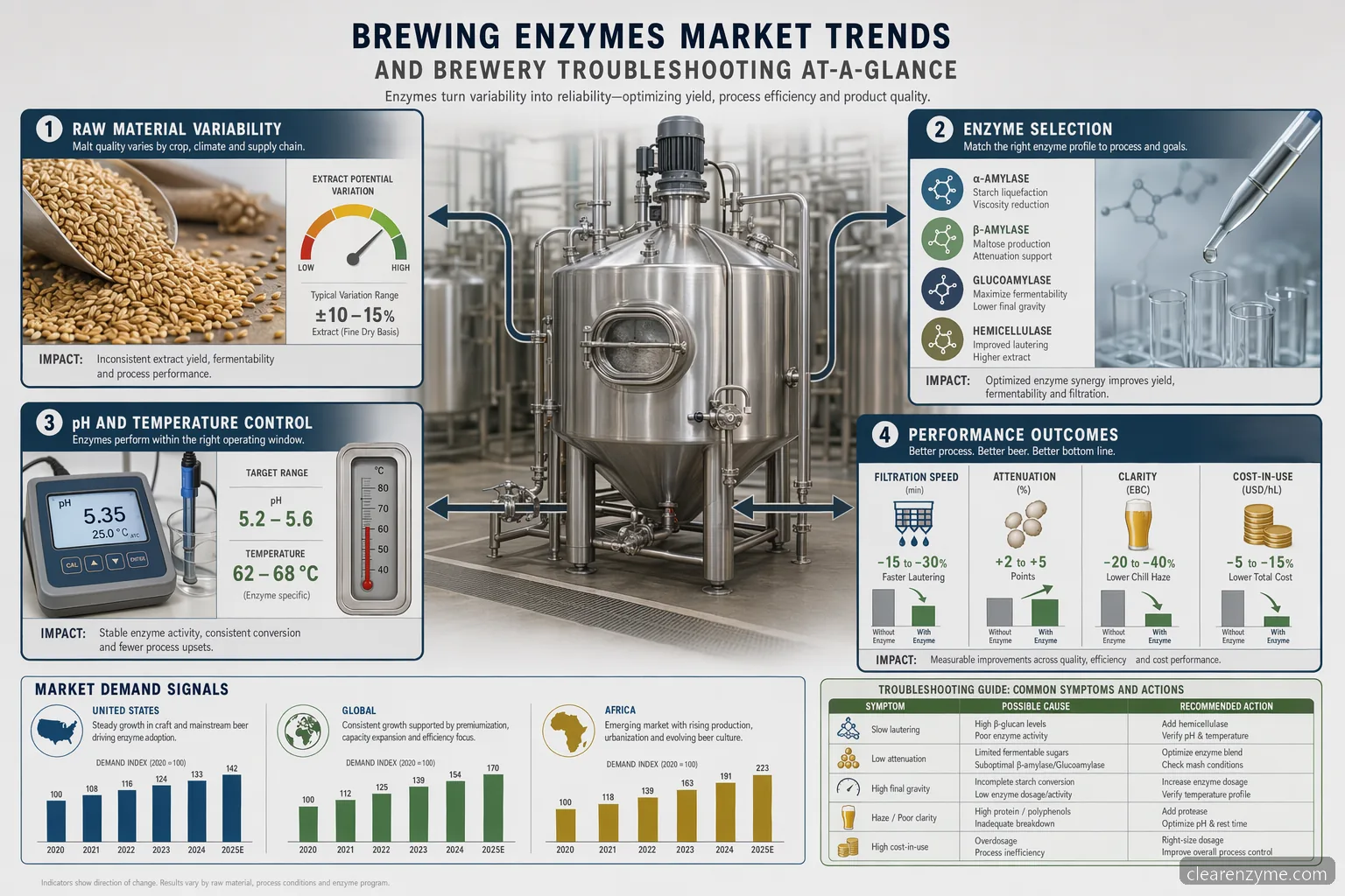 brewing enzymes market trends til fejlfinding i bryggerier med enzymvalg, pH, dosering, filtrering og efterspørgselssignaler