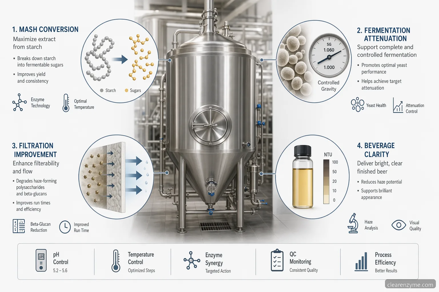 Brewing enzymes guide med mæskekonvertering, fermenteringskontrol, filtrering og klarhedskontrolpunkter
