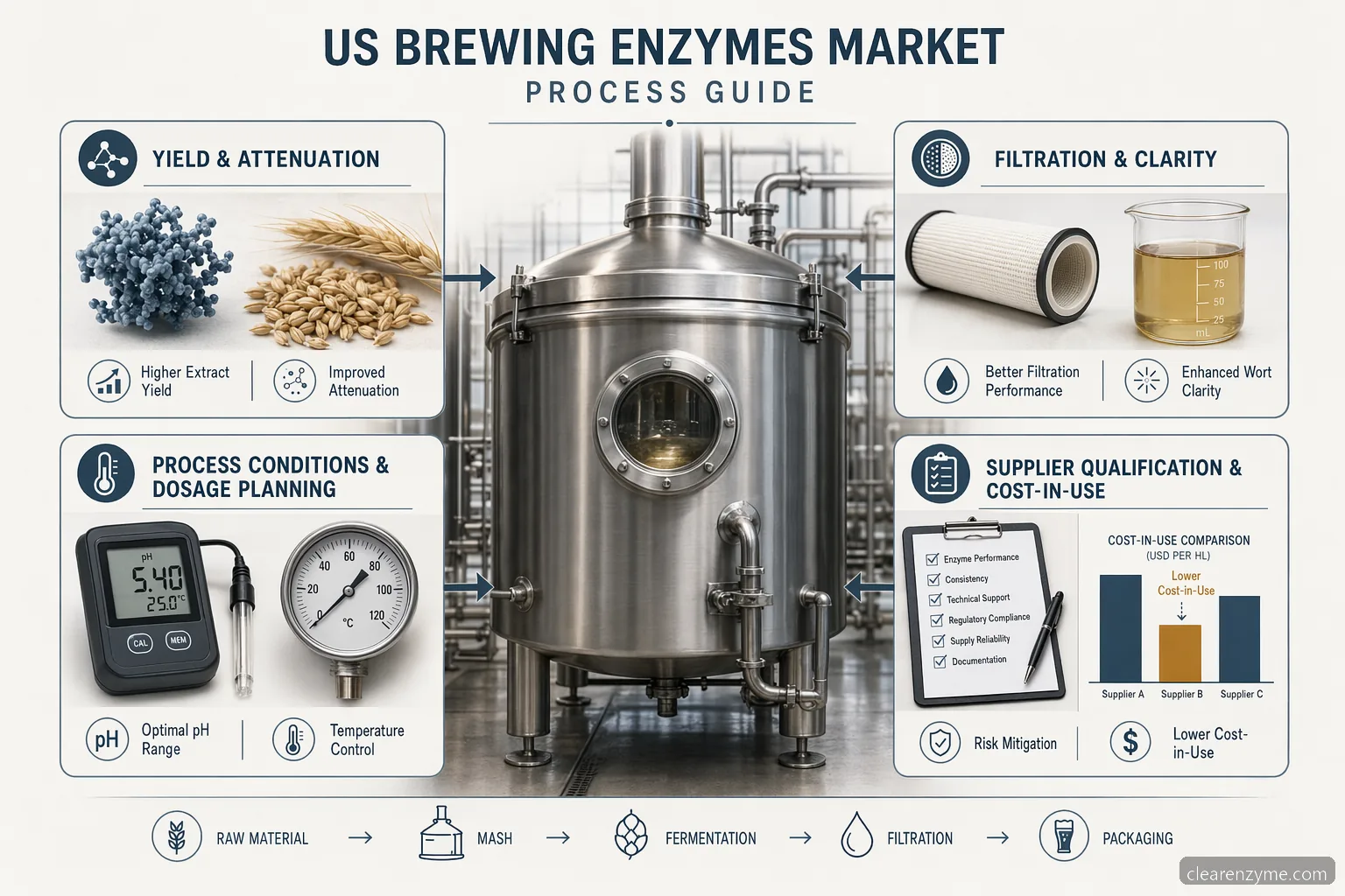 us brewing enzymes market processguide i infografik med utbyte, filtrering, dosering, QC och kostnad per användning
